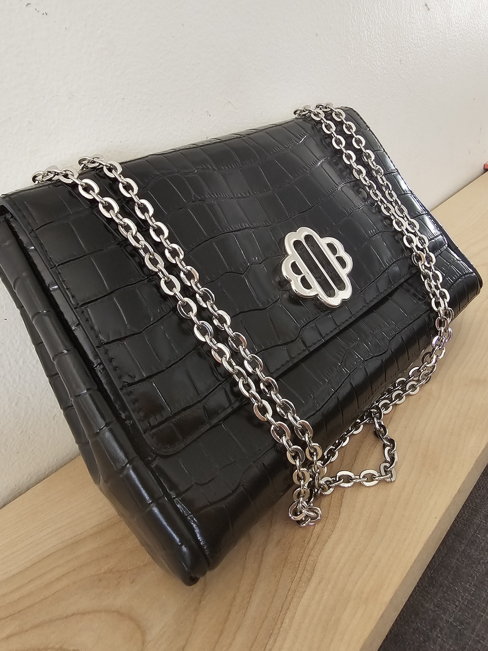 Maje Black Crocodile Leather natural Chain Shoulder Bag - Silver Hardware